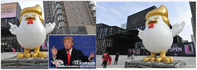 The rooster statue, with hand gestures apparently similar to Trump’s.
