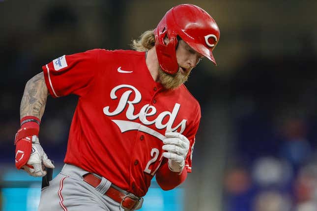 May 12, 2023; Miami, Florida, USA; Cincinnati Reds left fielder Jake Fraley (27) circles the bases after hitting a home run against the Miami Marlins during the fifth inning at loanDepot Park.