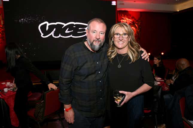 VICE Co-Founder and Executive Chairman Shane Smith (L) and VICE CEO Nancy Dubuc attend VICE NewFronts 2019 at Jing Fong Restaurant on May 01, 2019 in New York City.