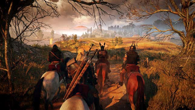 Geralt follows some soldiers on horseback into Velen. 