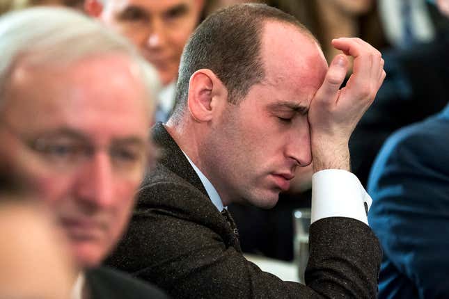 Stephen Miller, senior advisor for president Donald J. Trump, rubs his face as the president speaks about ways to combat mass shootings at high schools during a meeting with the nation’s governors in the State Dining Room of the White House.