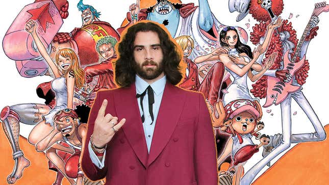 Hasan Piker making a hand sign in front of a One Piece image of the cast.