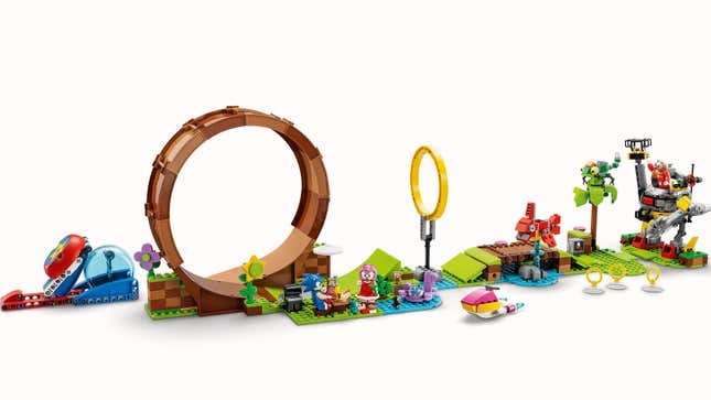 A product shot shows Sonic's Green Hill Zone Loop Challenge Lego set. 
