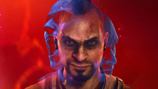 Close up shot of Vaas from Far Cry 6's new DLC, behind him a red background and blue, ghostly copies of him. 