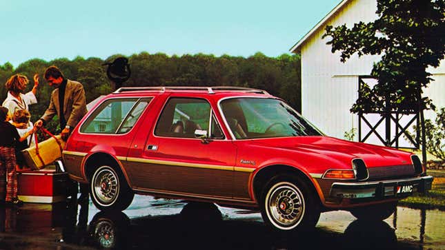 A photo of a red AMC Pacer wagon being loaded by a family. 