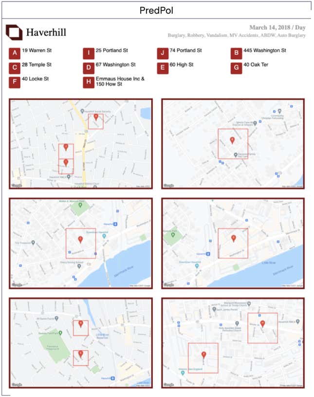 A sample page of PredPol predictions for the town of Haverhill, Mass. Each address marks the center of a 500-by-500-foot box where the software recommends that officers patrol that shift.