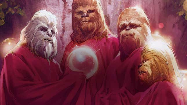 An illustrated Chewbacca and his family, dressed in red robes, hold aloft a crystal ball at the Tree of Life.