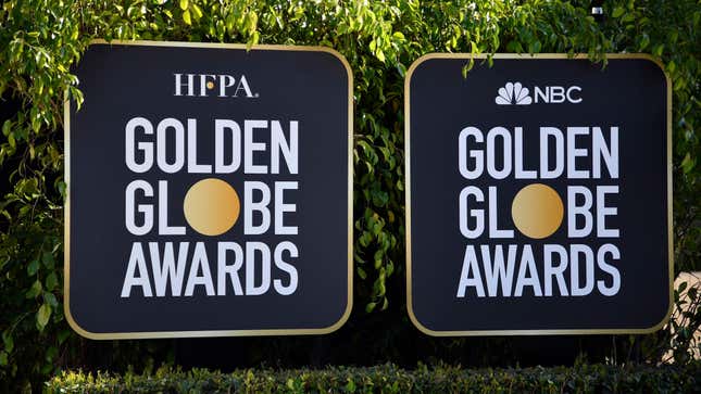 Signage is seen during the 78th Annual Golden Globe Awards Media Preview on February 26, 2021.