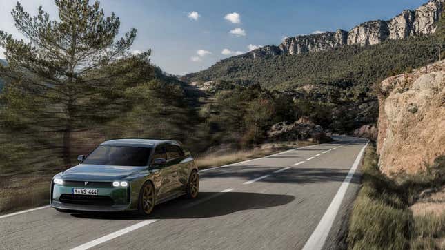 Rendering of the Vanwall Vandervell EV, viewed on a road from the driver-side front quarter.