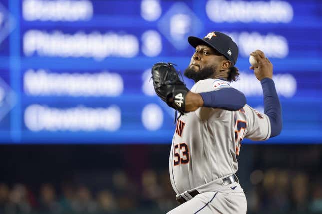 May 5, 2023; Seattle, Washington, USA; Houston Astros starting pitcher Cristian Javier (53) throws against the Seattle Mariners during the first inning at T-Mobile Park.