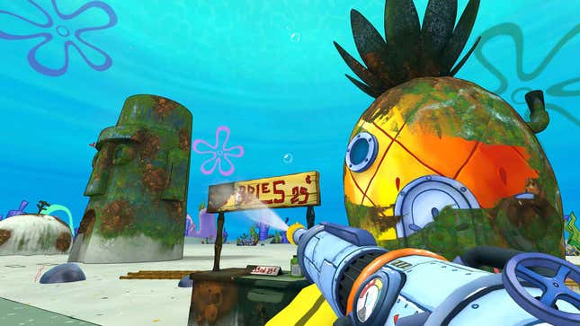 A screenshot shows personification powerwashing a motion extracurricular of SpongeBob's pineapple house.