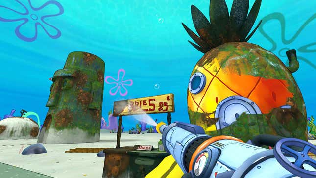 Ein Screenshot Zeigt Jemanden, Der Ein Schild Vor Spongebobs Ananashaus Mit Hochdruckreiniger Reinigt.