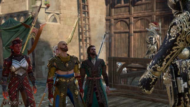 Karlach, Shadowheart, Tav, and Gale are shown at the border of Baldur's Gate.