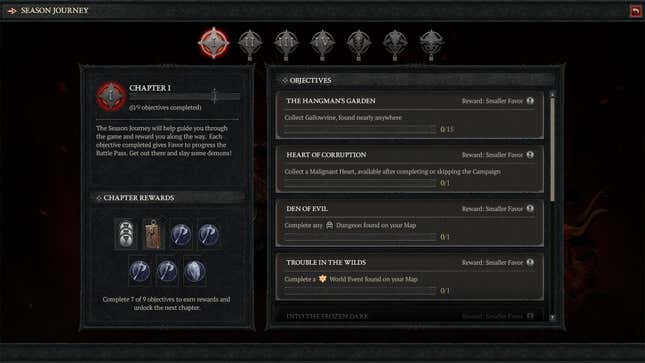 A screenshot of a menu shows seasonal challenges for Diablo IV.