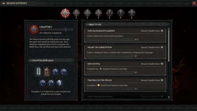 Uma captura de tela de um menu mostra os desafios sazonais de Diablo IV.