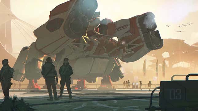An image shows a large spaceship resting on a landing platform near some people. 