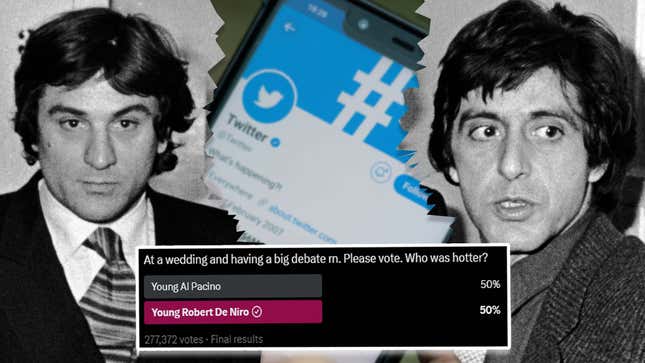 Young Robert DeNiro and young Al Pacino in black and white, with a Twitter poll inlaid over them.