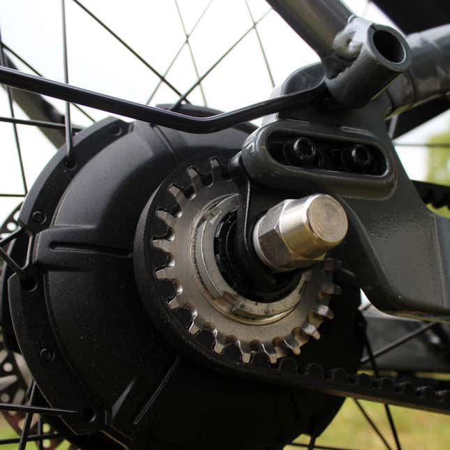  A photo of the belt drive on the NIU bike. 