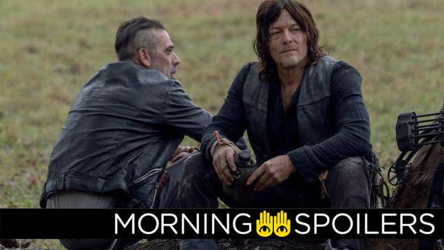 The Walking Dead's Negan and Daryl take a water break on a log.