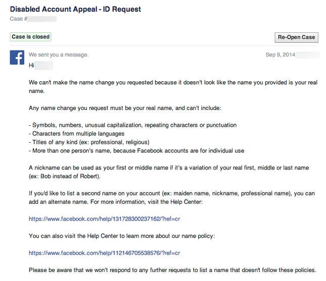 The final reply from Facebook.