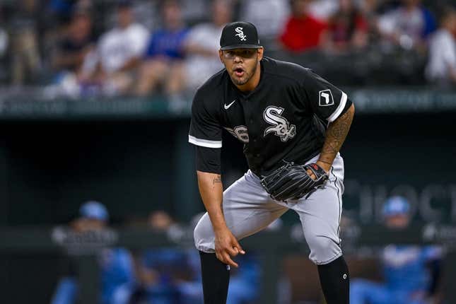 Aug 7, 2022; Arlington, Texas, USA; Chicago White Sox relief pitcher Jose Ruiz (66) in action during the game between the Texas Rangers and the Chicago White Sox at Globe Life Field.
