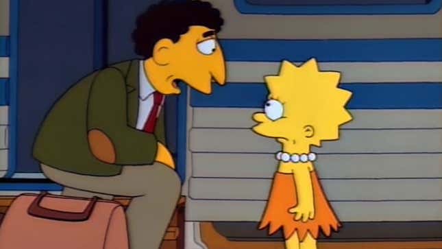 A screenshot of The Simpsons shows Lisa's substitute teacher near a train.