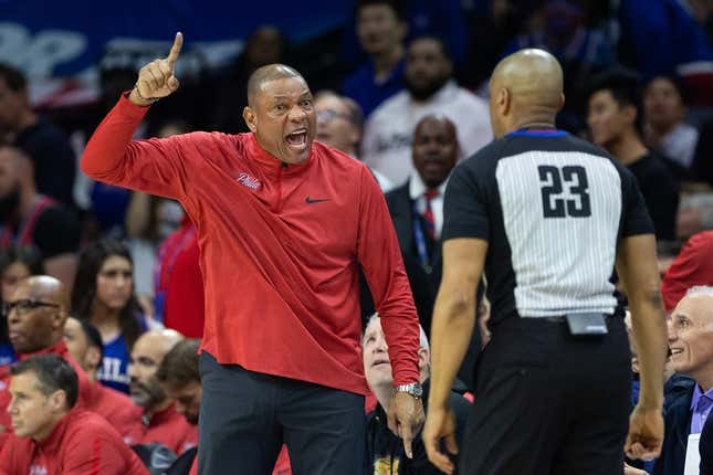Apr 17, 2023; Philadelphia, Pennsylvania, USA; Philadelphia 76ers head coach Doc Rivers argues with referee Tre Maddox (23) during the fourth quarter in game two of the 2023 NBA playoffs against the Brooklyn Nets at Wells Fargo Center.