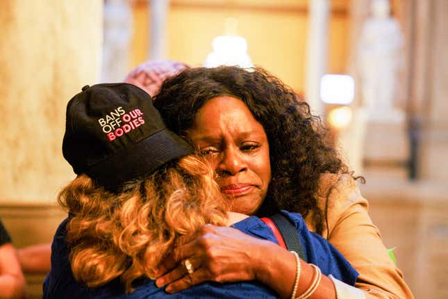 INDIANAPOLIS, INDIANA, UNITED STATES - 2022/08/05: Indiana House of Representatives Democratic member Renee Pack hugs an abortion rights activist after the Indiana House voted to ban abortion. 