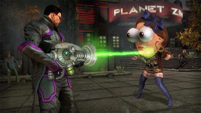 The protagonist of Saints Row IV fires a sci-fi weapon at a strange person with an enlarged head.