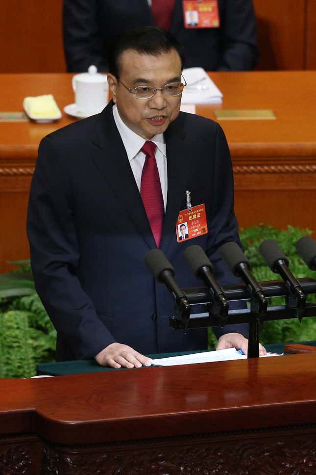 epa05830300 Chinese Premier Li Keqiang delivers his speech during the opening of the fifth Session of the 12th National People's Congress (NPC) at the Great Hall of the People in Beijing, China, 05 March 2017. The NPC has over 3,000 delegates and is the world's largest parliament or legislative assembly though its function is largely as a formal seal of approval for the policies fixed by the leaders of the Chinese Communist Party. The NPC runs alongside the annual plenary meetings of the Chinese People's Political Consultative Conference (CPPCC), together known as 'Lianghui' or 'Two Meetings'. EPA/WU HONG