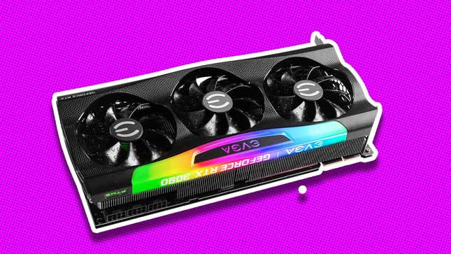 An EVGA RTX 3090 series graphics card floats in front of a purple background. 