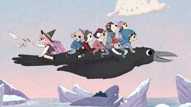 Summer Camp Island's Susie and the campers flying on the back of a giant bird over a frozen tundra.