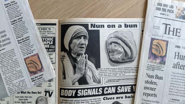 Newspaper clippings about the Mother Teresa cinnamon roll, the "NunBun"