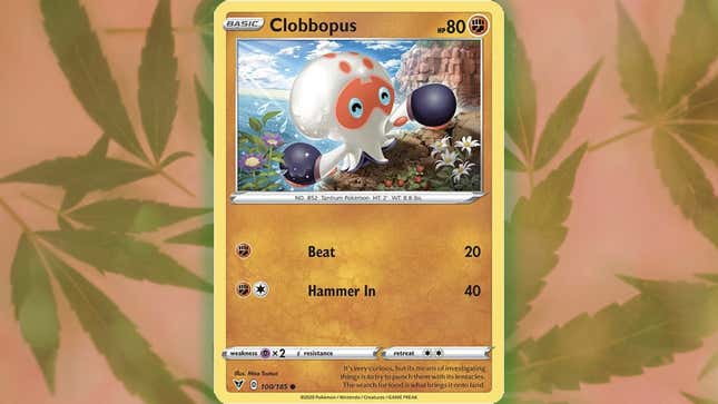 A cute little octopus-like creature named Clobbopus is seen on a Pokémon card shown against a pot leaf background.