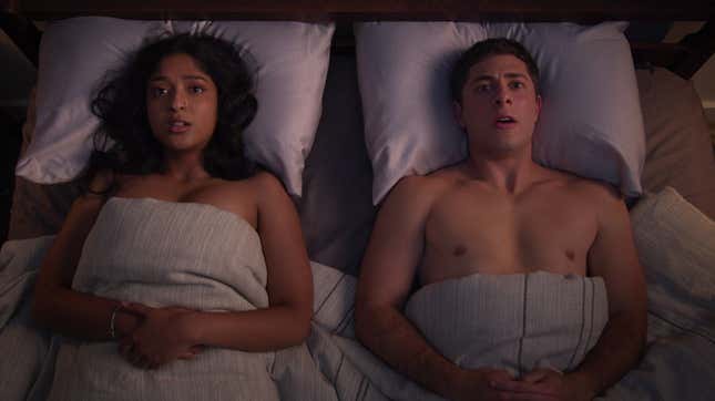 Maitreyi Ramakrishnan as Devi Vishwakumar and Jaren Lewison as Ben Gross in Season 4 of Never Have I Ever.