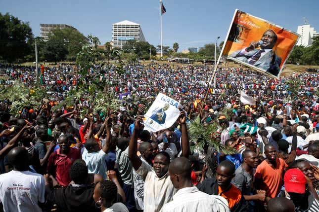 Supporters of Kenyan opposition leader Raila Odinga of the National Super Alliance (NASA) coalition gather ahead of Odinga's planned swearing-in ceremony as the President of the People's Assembly at Uhuru Park in Nairobi, Kenya January 30, 2018.