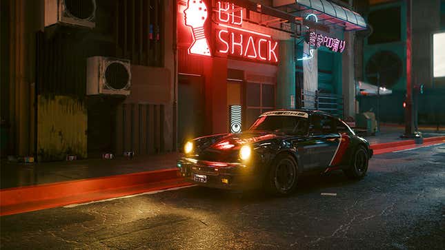 Fancy Cyberpunk visuals show a car in the night illuminated by neon.