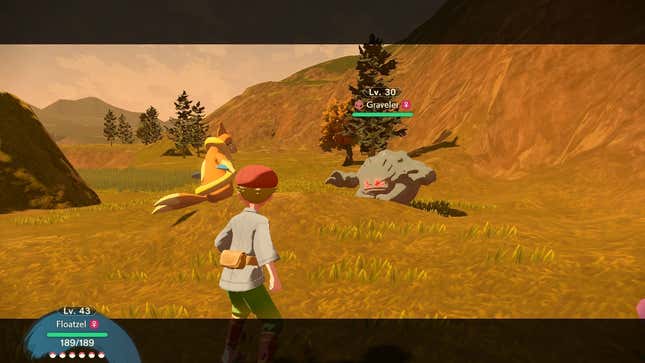 Fading sunlight warmly lights a valley as an Arceus trainer attempts to capture an Alpha Graveler.