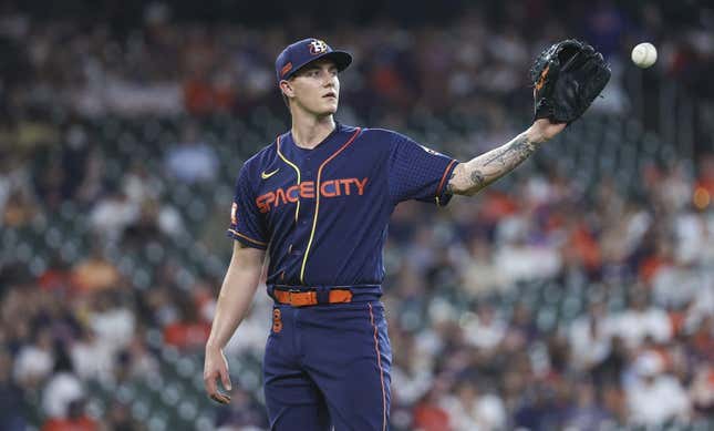 Jun 19, 2023; Houston, Texas, USA; Houston Astros starting pitcher Hunter Brown (58) reacts after a play during the first inning against the New York Mets at Minute Maid Park.