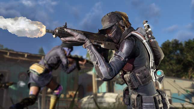 An image shows a woman firing an assault rifle in XDefiant. 