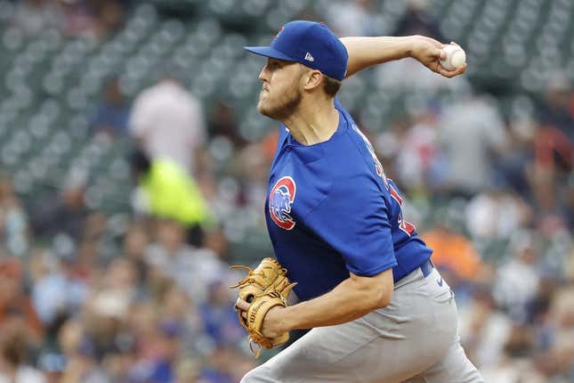 Aug 23, 2023; Detroit, Michigan, USA;  Chicago Cubs starting pitcher Jameson Taillon (50) pitches in the first inning against the Detroit Tigers at Comerica Park.