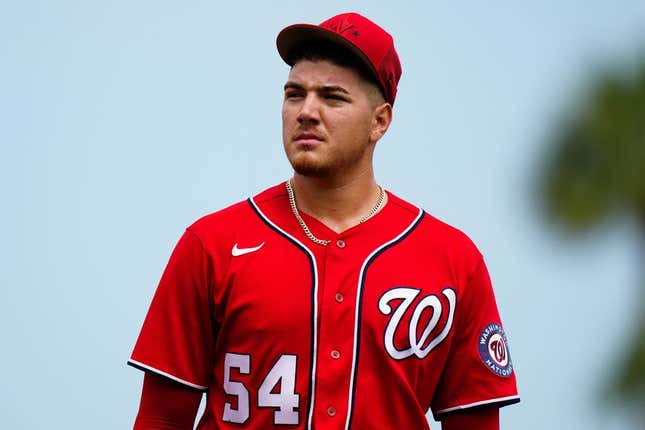 Mar 14, 2023; Port St. Lucie, Florida, USA; Washington Nationals starting pitcher Cade Cavalli (54) walks onto the field prior to a game against the New York Mets at Clover Park.