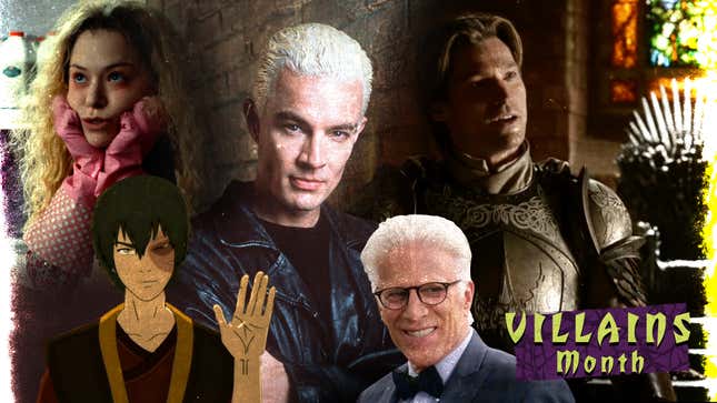 Clockwise from top left: Tatiana Maslany as Helena in Orphan Black (Screenshot: YouTube); James Marsters as Spike in Buffy The Vampire Slayer (Photo: Online USA/Getty Images); Nikolaj William Coster-Waldau as Jaime Lannister in Game Of Thrones (Screenshot: YouTube); Ted Danson as Michael in The Good Place (Screenshot: YouTube); Zuko in Avatar: The Last Airbender (Screenshot: YouTube)