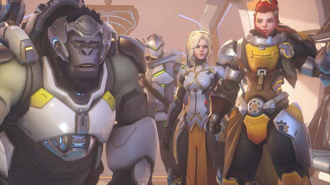 Overwatch heroes Winston, Genji, Mercy, and Brigitte stand next to each other.