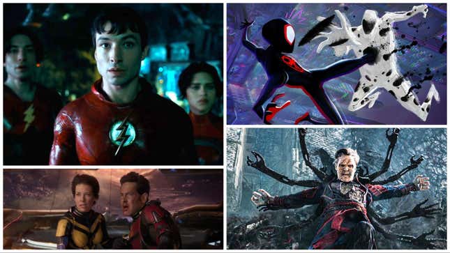 Clockwise from Top Left: The Flash (Warner Bros.) Spider-Man: Across The Spider-Verse (Sony), Doctor Strange And The Multiverse Of Madness (Marvel), Ant-Man And The Wasp: Quantumania (Marvel)