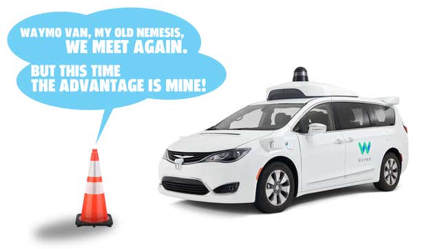 Image for article titled Watch A Waymo AV Get Freaked Out By Traffic Cones, Block Traffic, And Evade Support Vehicles