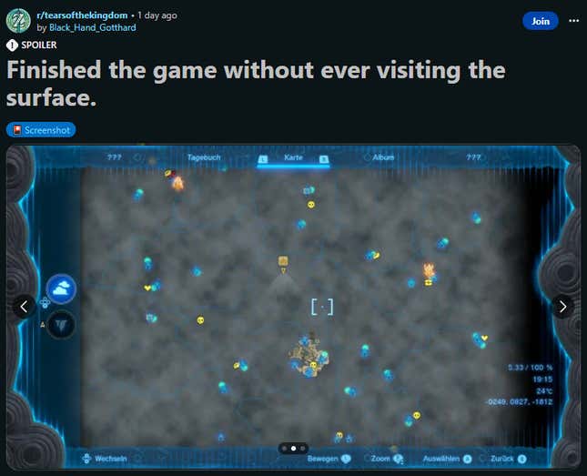 A screenshot of a Reddit post shows the map of Hyrule's sky islands.