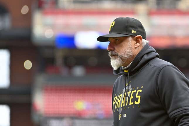 Apr 16, 2023; St. Louis, Missouri, USA;  Pittsburgh Pirates manager Derek Shelton (17) walks off the field before the ninth inning against the St. Louis Cardinals at Busch Stadium.