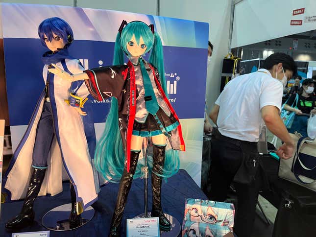 A figure of Hatsune Miku is displayed at an event at a Tokyo suburban hall, Makuhari Messe, in Chiba, Japan, Friday, Sept. 1, 2023, in celebration of her 16th birthday. Hatsune Miku has always been 16 years old and worn long aqua ponytails. She is Japan&#39;s most famous Vocaloid, a computer-synthesized singing voice software that, in her case, comes with a virtual avatar. (AP Photo/Yuri Kageyama)