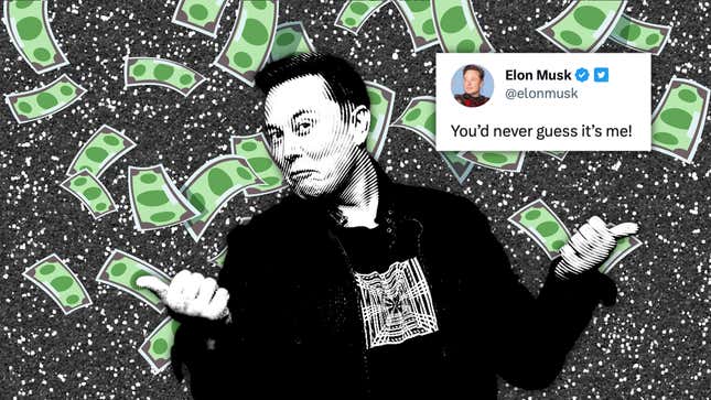An illustration on Elon Musk surrounded by money. A screenshot of his tweet acknowledging his alt account is in the top corner.